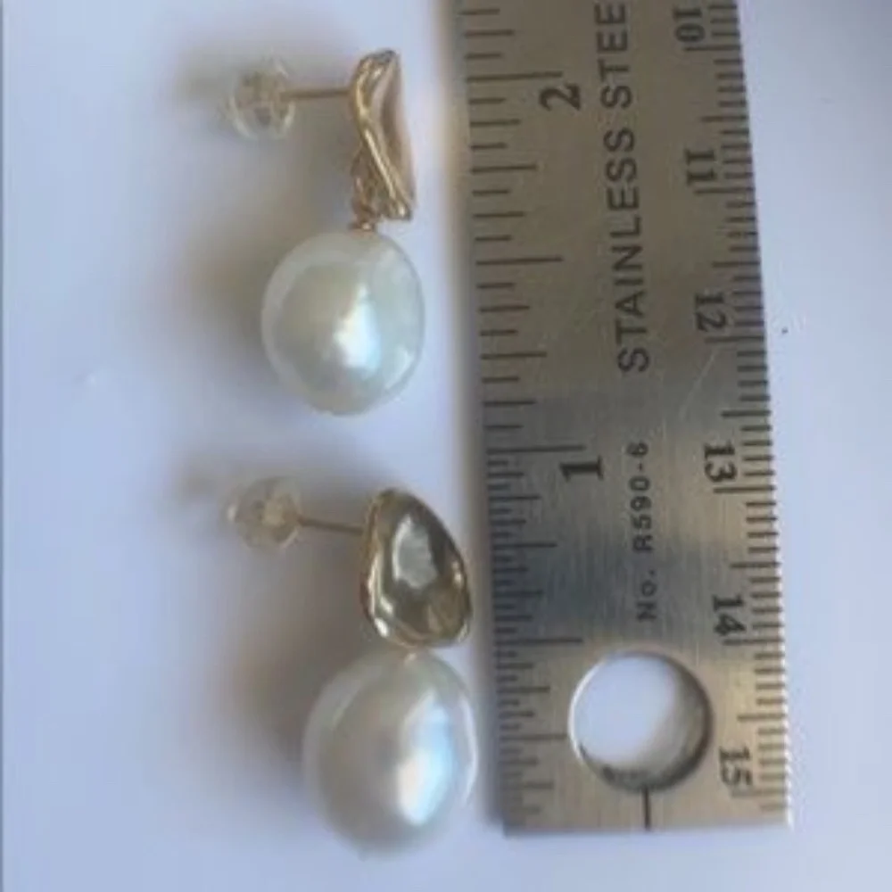 White Cultured Pearl Stud Earrings 14K Gold Plated - Picture 6 of 7